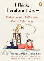 Livre 'I Think, Therefore I Draw' avec un chien sur un tabouret et un homme dessinant par terre. Titres: 'I Think, Therefore I Draw' et 'Understanding Philosophy Through Cartoons'.