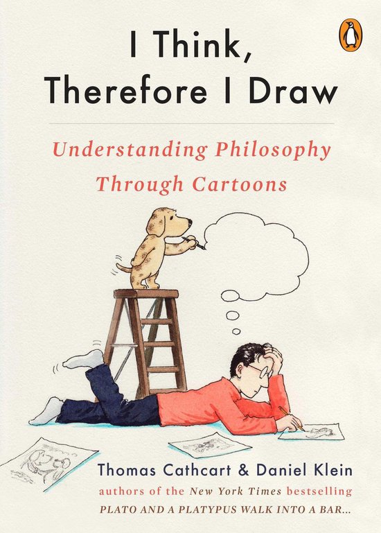Livre 'I Think, Therefore I Draw' avec un chien sur un tabouret et un homme dessinant par terre. Titres: 'I Think, Therefore I Draw' et 'Understanding Philosophy Through Cartoons'.