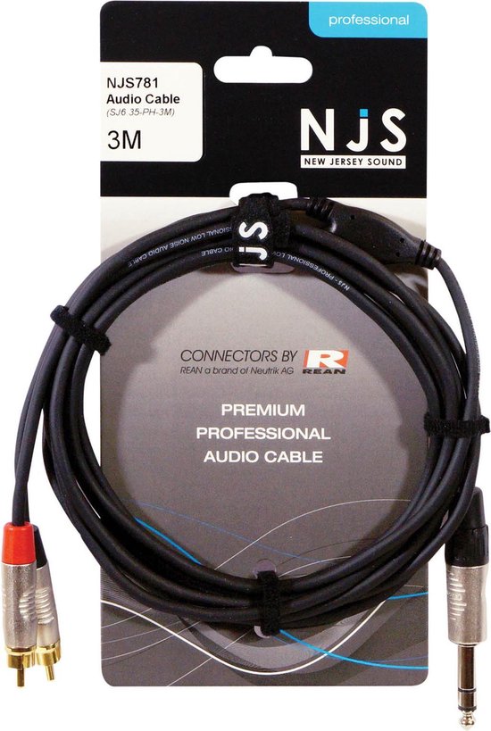 NJS 6,35 mm Stereo Audio Kabel Jack - 2 x Tulp (RCA) Kabel (3 Meter) - New Jersey Sound