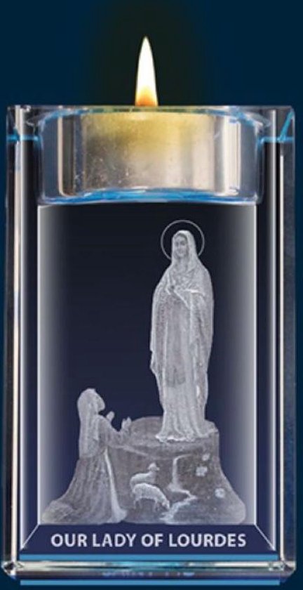 Cristal blok met Maria van Lourdes met kaarsje. (50604)