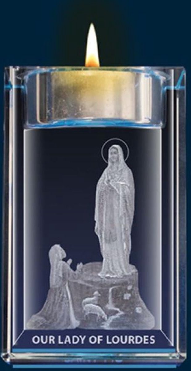 Cristal blok met Maria van Lourdes met kaarsje. (50604)