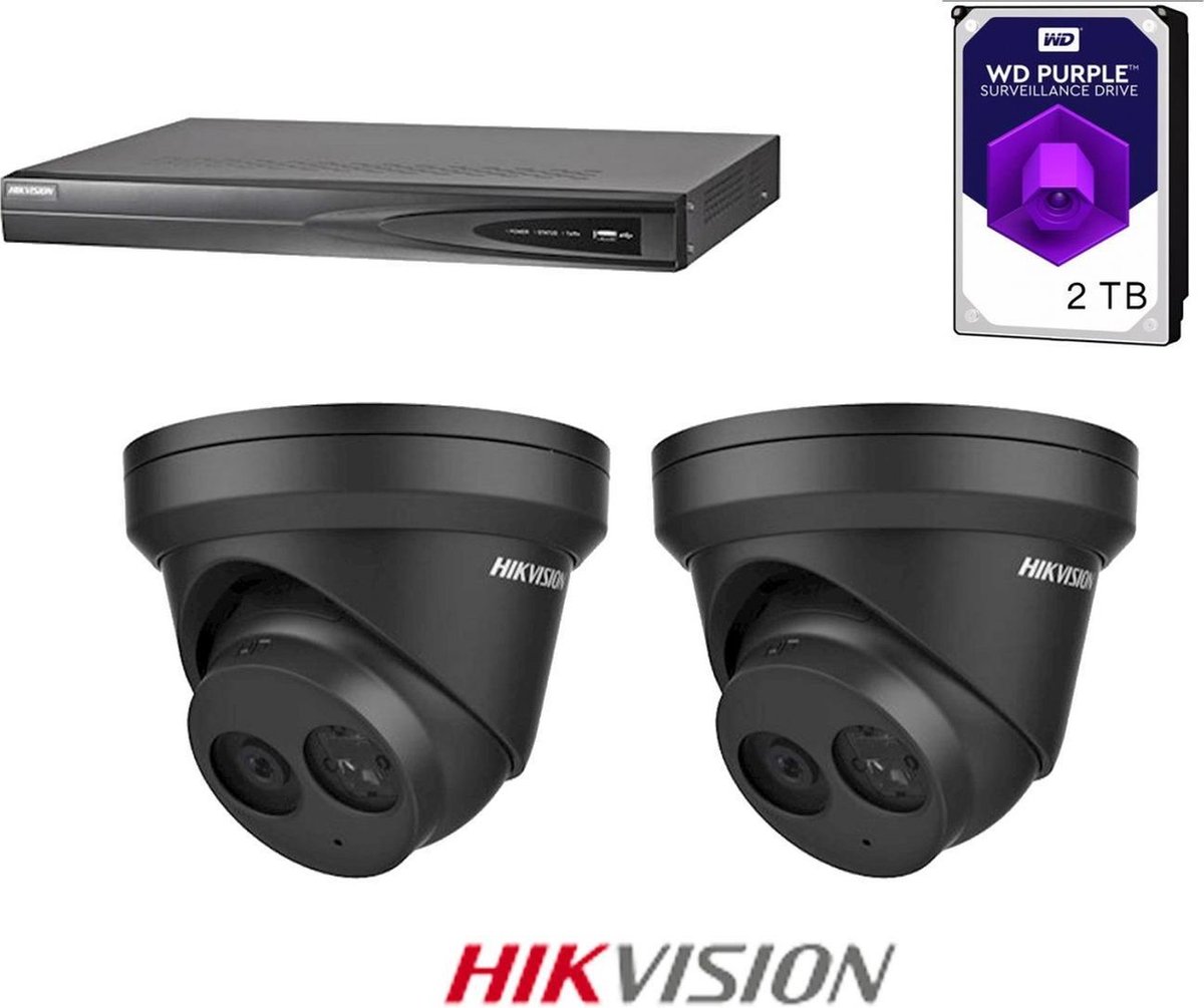 HIKVISION Exir Dome 4MP 2.8mm Black Set, 4K 4-channel recorder incl 2TB WD Purple, 2x EXIR 4MP Dome's 2.8mm + beugels en netwerkkabel. - Hikvision