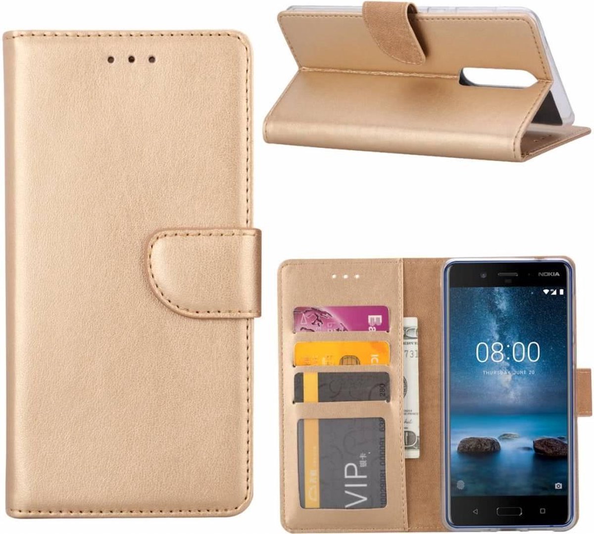 Bookcase Geschikt voor: Nokia 8 - Goud - portemonee hoesje