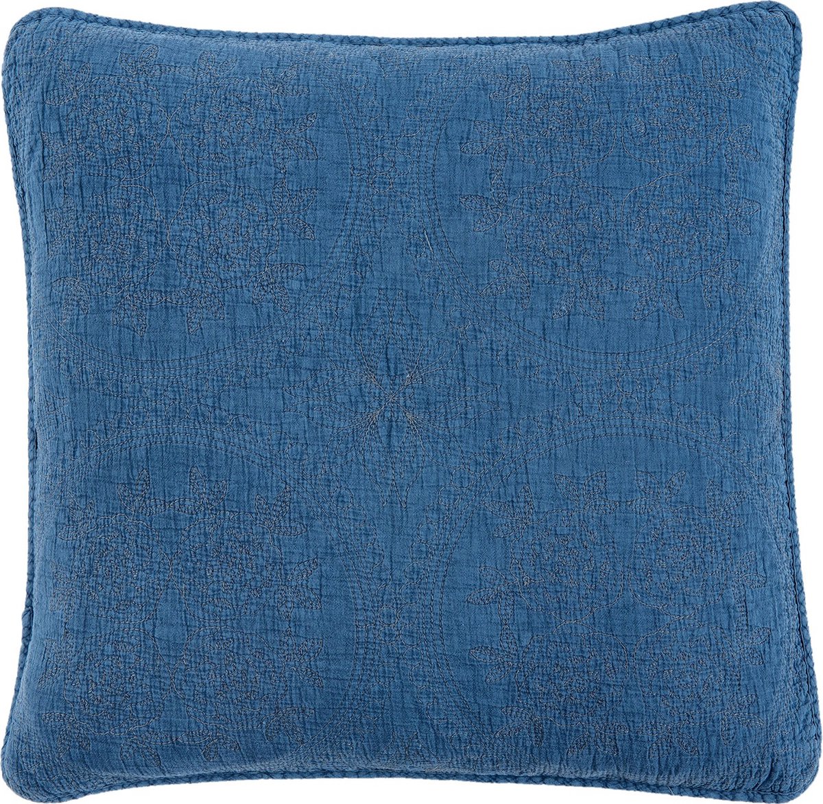 Clayre & Eef Kussenhoes Stonewashed Q181.030BL 50*50 cm Blauw Katoen Vierkant Bloemen Sierkussenhoes Kussen hoes