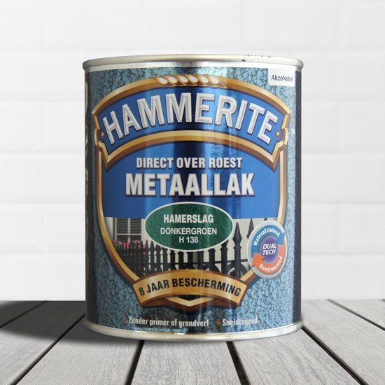 Hammerite metaallak, hamerslag donkergroen H138, 250ml. Blik met turquoise, gebarsten patroon.