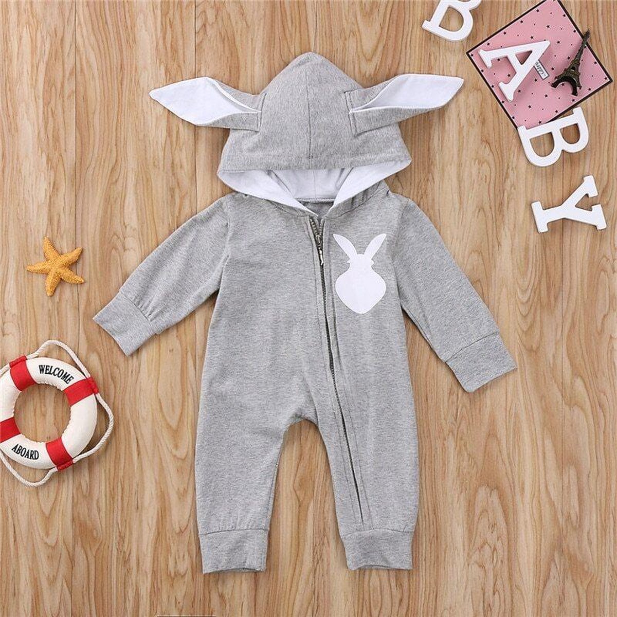 Budino® - Konijn - Baby Onesie - Baby Romper - Baby Pyjama - Baby Pakje - Baby Verkleedkleding - Carnavalskleding - Dier - Grijs