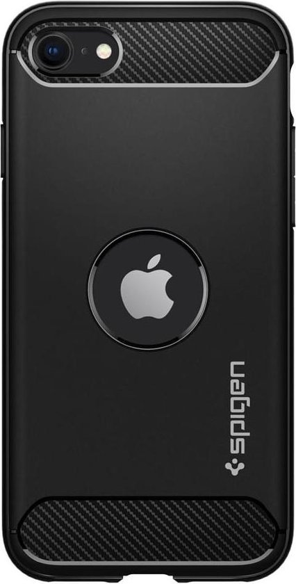 Zwart Spigen hoesje met koolstofvezel accenten en Apple logo op de achterkant.