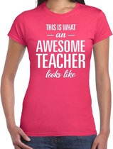 Bellatio Decorations cadeau t-shirt dames - awesome teacher - lerares bedankje - juffendag - roze L