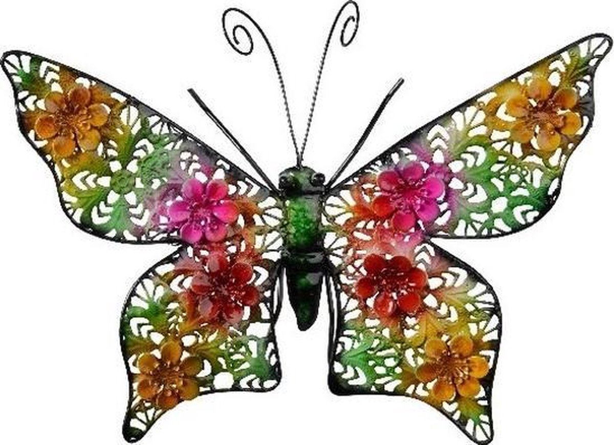 Decoris Grote metalen vlinder gekleurd 30 x 22 cm tuin decoratie Tuindecoratie vlinders Dierenbeelden hangdecoraties