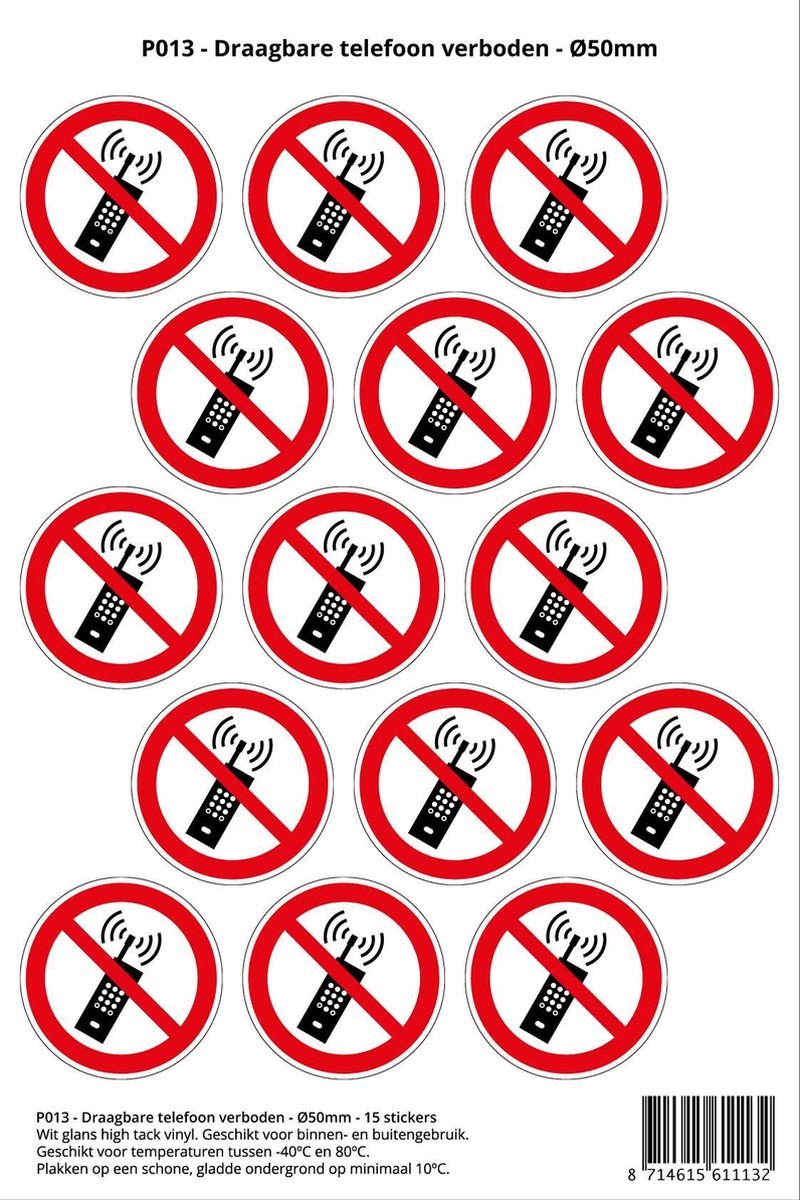 Pictogram sticker P013 - Draagbare telefoon verboden - Ø 50mm - 15 stickers op 1 vel