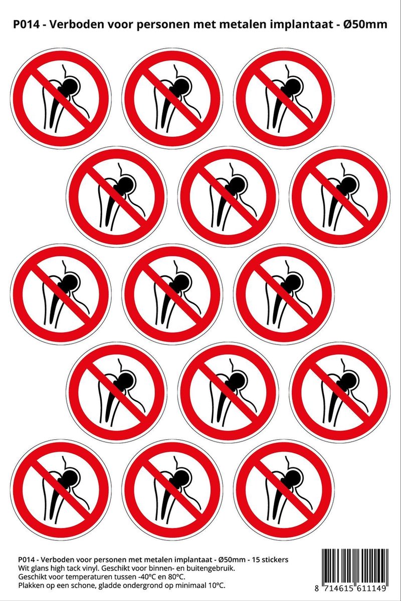 Pictogram sticker P014 - Verboden voor personen met metalen implantaat - Ø 50mm - 15 stickers op 1 vel