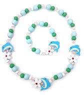 Kinderketting en armband voor meisjes houten kraaltjes groen en blauw dolfijntjes en bloemen