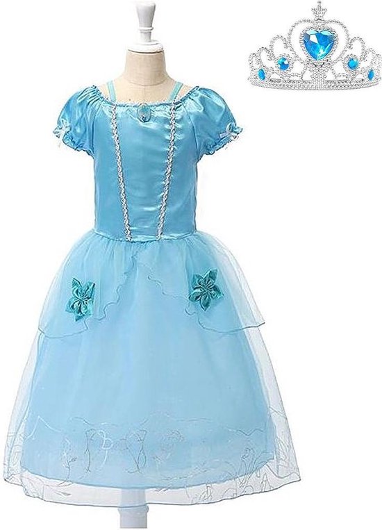 Assepoester jurk Prinsessen jurk verkleedjurk 116-122 (130) blauw met broche kinderen + blauwe kroon