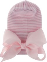 Bonnet naissance / bonnet bébé / bonnet hôpital rose rayé avec noeud rose - 0 à 1 mois