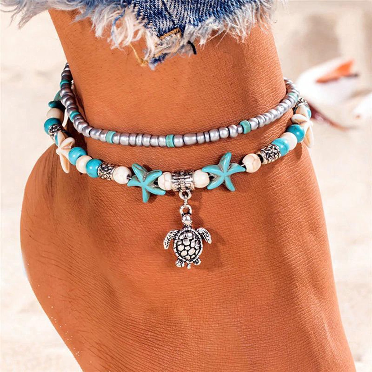 Joboly Kralen boho zeester enkelbandje - Dames - Zilverkleurig - 22 cm