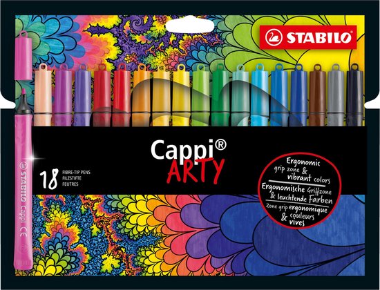 STABILO Cappi - Viltstift - Nooit Meer Je Dop Kwijt Dankzij De Dopring - ARTY Etui Met 18 Kleuren