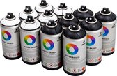 MTN Waterbasis Spuitbussen Pakket - 12x Zwart & Wit Tinten - Lage druk, matte afwerking graffiti spuitverf - 300ml