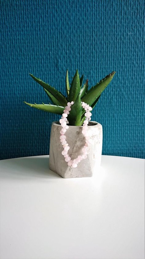 Roze kwarts armbandje om een groene plant in een grijze pot.