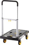 Stanley steekwagen met zwart platform, aluminium stangen en een gebogen handvat.