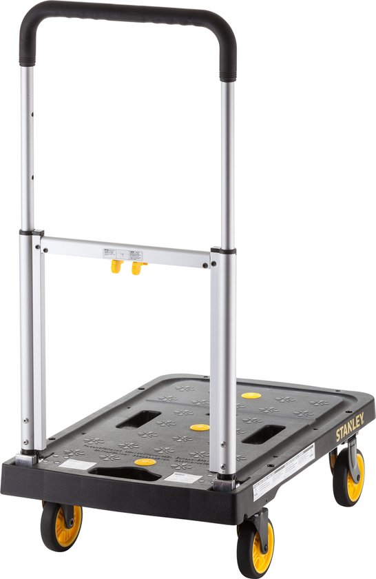 Stanley steekwagen met zwart platform, aluminium stangen en een gebogen handvat.