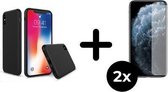 iPhone Xs Max Hoesje Zwart - Siliconen Case - 2x Tempered Glass Screenprotector