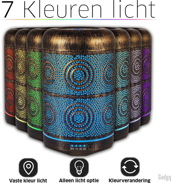 Aroma Diffuser – Geurverspreider - Aromatherapie vernevelaar – Luchtbevochtiger – Verdamper - metaal – Sfeerverlichting met 7 kleuren