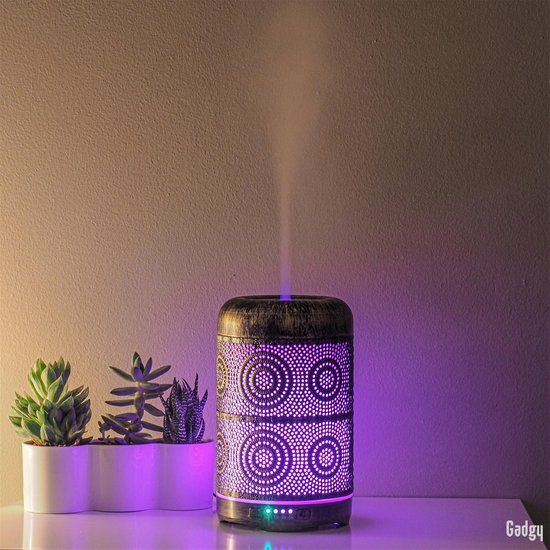 Aroma Diffuser – Geurverspreider - Aromatherapie vernevelaar – Luchtbevochtiger – Verdamper - metaal – Sfeerverlichting met 7 kleuren