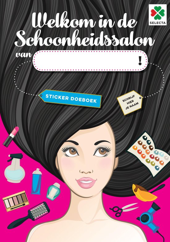 Een illustratie van een vrouw met lang zwart haar, met cosmetica en schoonheidsartikelen. "Welkom in de schoonheidssalon" staat bovenaan.