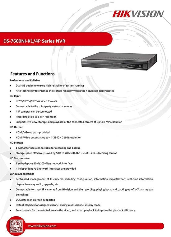 HIKVISION 4CH 8MP NVR IP Netwerk POE HDMI FULL HD 1080P 4K UHD Digitaal Bewakingscamera Recorder Systeem UP TO 6TB H.254 H.265 Home Office Werkplek PRO DS-7604NI-K1/4P (Geen HDD) - Hikvision