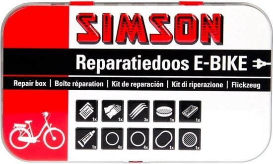 Simson E-bike bandenreparatieset met pleisters, solutie, bandenlichters, lekzoeker en handschoenen