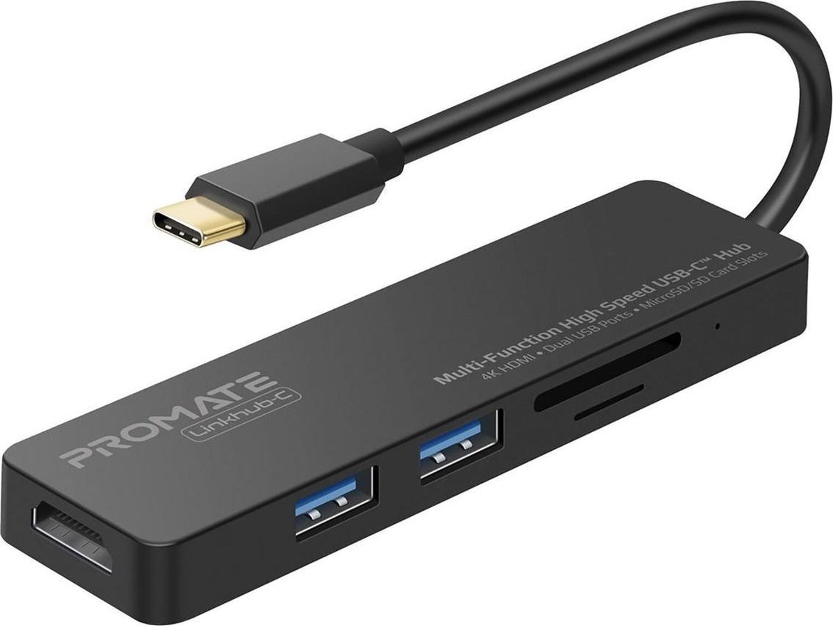 Promate LINKHUB-C USB-C naar HDMI Hub - 2x USB3.0 - MicroSD / SD Kaartlezer - 5Gbps - Zwart