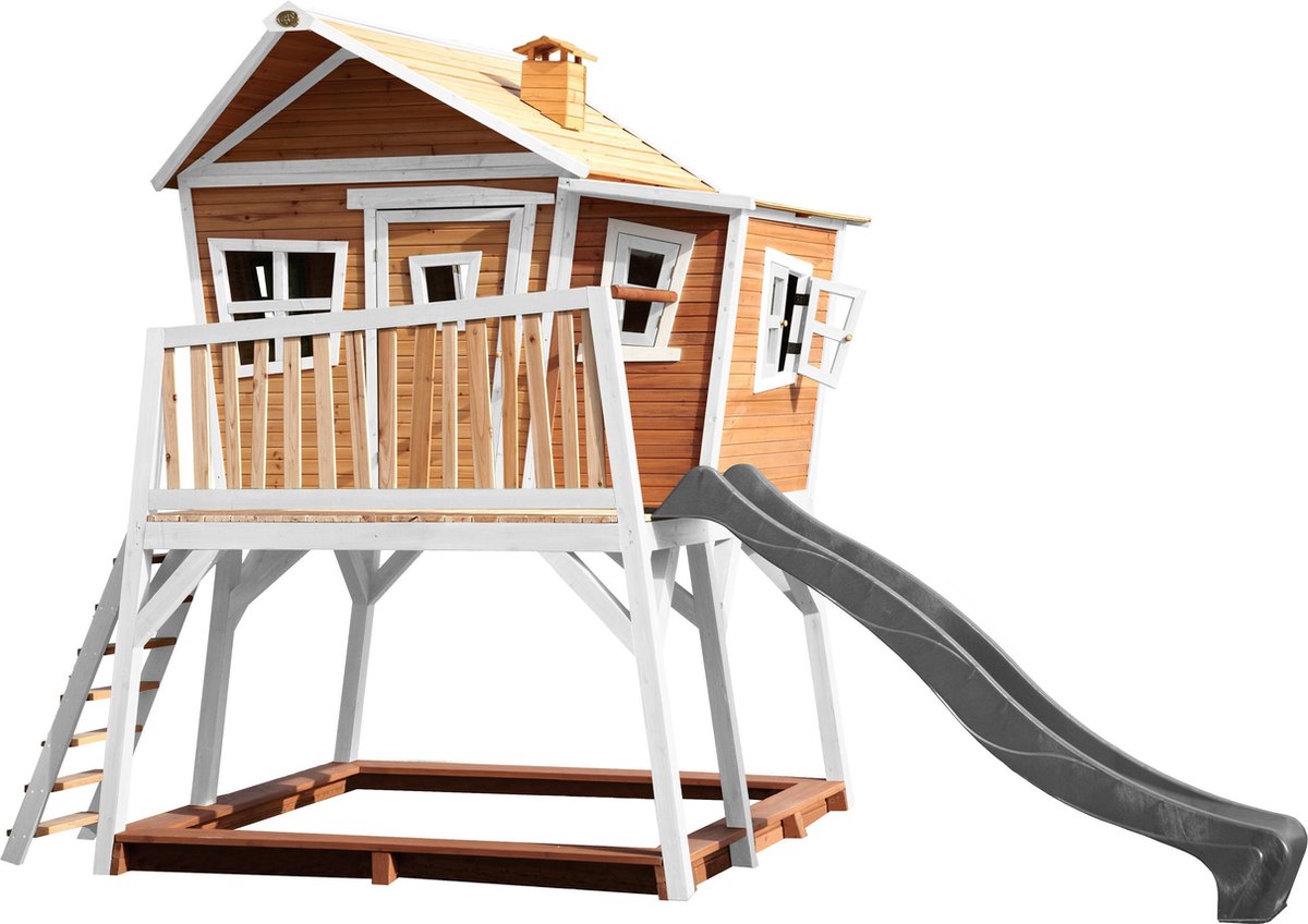 AXI Max Speelhuis in Bruin/Wit - Met Verdieping Zandbak en Grijze Glijbaan - Speelhuisje voor de tuin / buiten - FSC hout - Speeltoestel voor kinderen