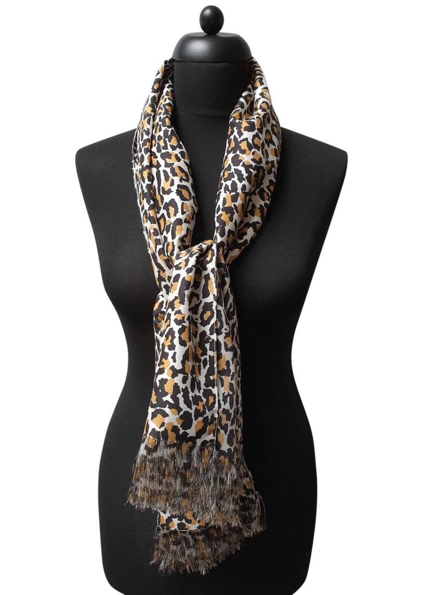 ThannaPhum Zijden sjaal leopard print wit blauw zwart 40 x 145 cm - leopard - panter sjaal - leopard sjaal