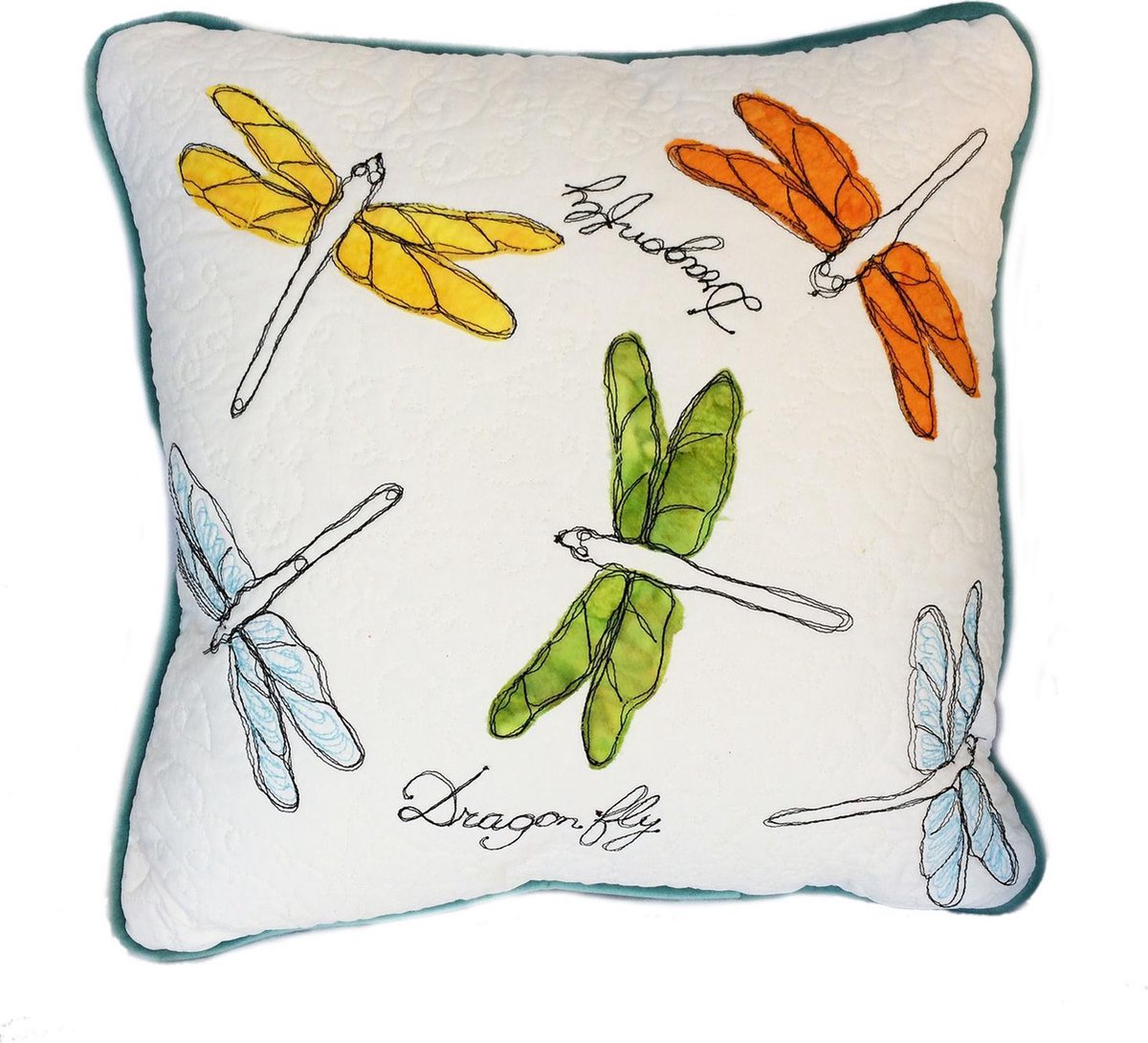 Handgemaakt kussen met applicatie en borduur Libelle, Dragonfly