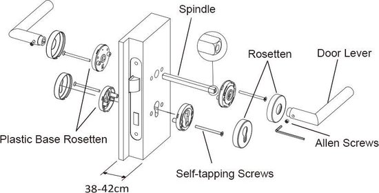 Diagram van een deurklink set met onderdelen: spil, rozetten, deurklink, schroeven.
