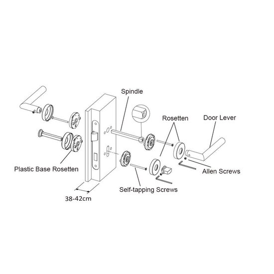Exploded view van een deurklink met vierkante rozetten, spindel, deurhendel en schroeven.