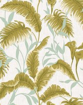 Natuur behang Profhome VD219176-DI vliesbehang hardvinyl warmdruk in reliëf gestempeld met bloemen patroon glimmend groen crèmewit mint 5,33 m2