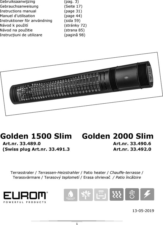 Eurom - Golden 1500 Slim - Terrasverwarmer - Terrasverwarmer elektrisch -  Aluminium -... | bol
