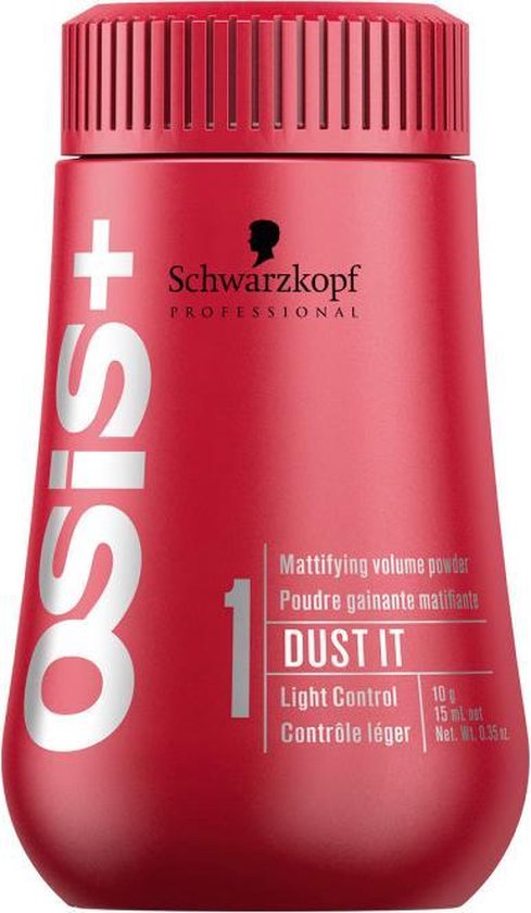 Rode mat verpakking met witte tekst 'OSIS+ DUST IT mattifying volume powder'.