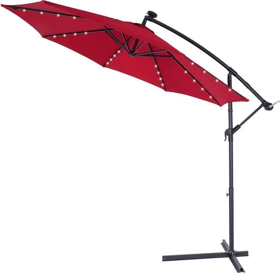 Kingsleeve Parasol LED Lights 300cm Large Round Solar Bendable Stable Garden Parasol Garden Terrace Balcony Red