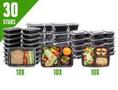Meal Prep Bakjes - 30 stuks - Alles in één set - 1, 2 en 3 compartimenten - Mealprep Containers - Vershoudbakjes met deksel - BPA Vrij - 1L - Zwart
