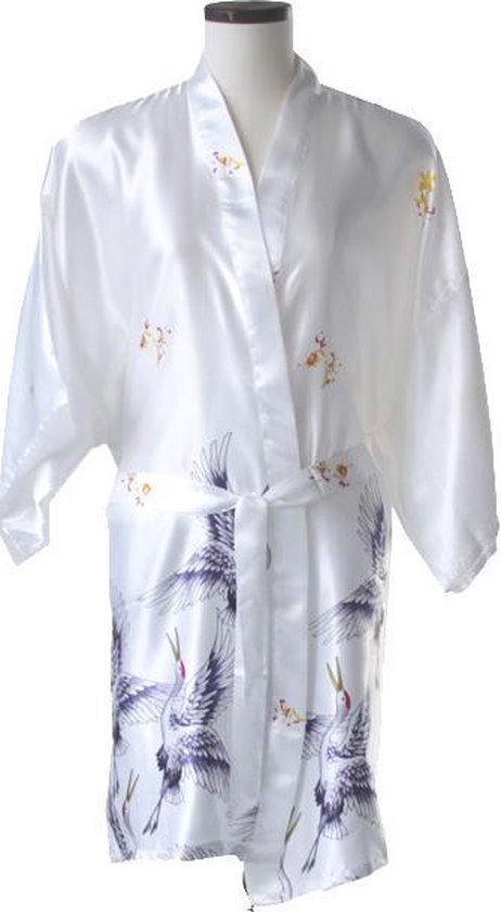 TA-HWA - Dames Kimono Kort- met Kraanvogels - Wit - Maat L