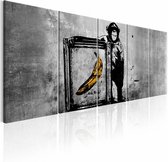 Schilderij - Banksy: Aap met Frame , grijs , 5 luik
