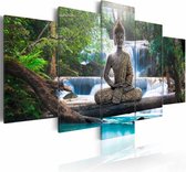 Schilderij - Boeddha - Voor een Waterval,  5luik , groen blauw , premium print op canvas