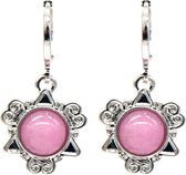 Dielay - Oorbellen Bedel met Roze Steen - Oorhangers - 3x1,5 cm - Zilverkleurig