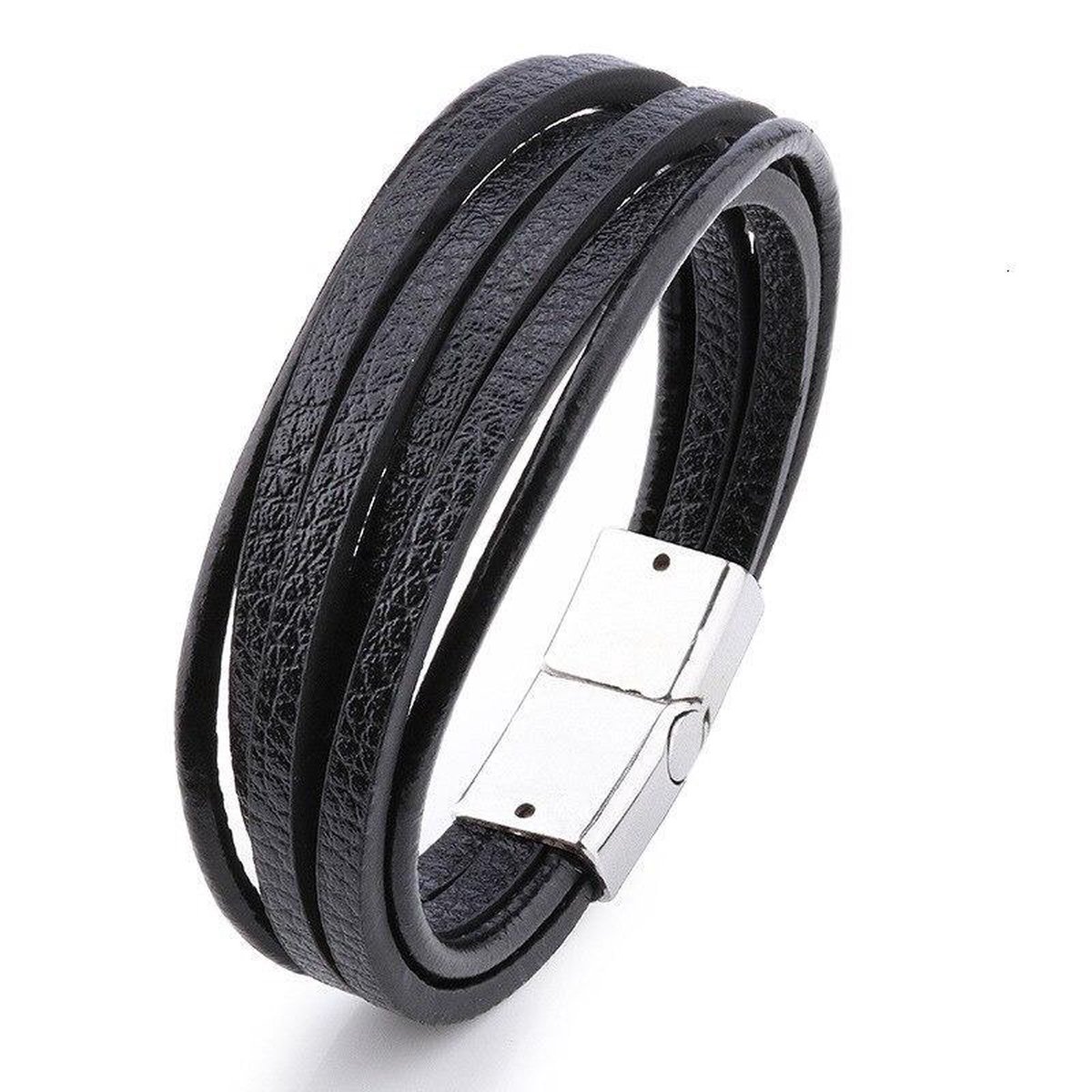 Armband Heren - Zwart Leer met Stalen Sluiting - Leren Armbanden - Papa Cadeau Voor Mannen - Vaderdag