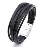 Armband Heren - Zwart Leer met Stalen Sluiting - Leren Armbanden - Cadeau voor Man - Mannen Cadeautjes