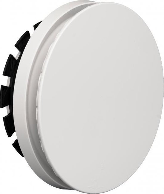 Wit rond ventilatieventiel met zwarte lamellen aan de achterkant, van voren gezien.