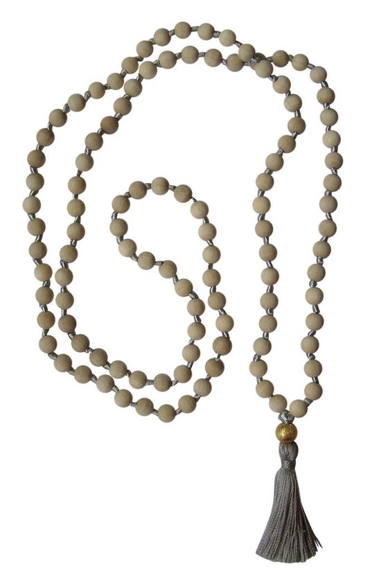 Mala chain "Vintage" Holz weiss, Quaste Silbergrau, Perle gold Armband (juweel) YOGISTAR
