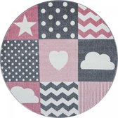 Kids Love Rond Vloerkleed Kinderkamer Roze / Grijs Laagpolig- 120 CM ROND.